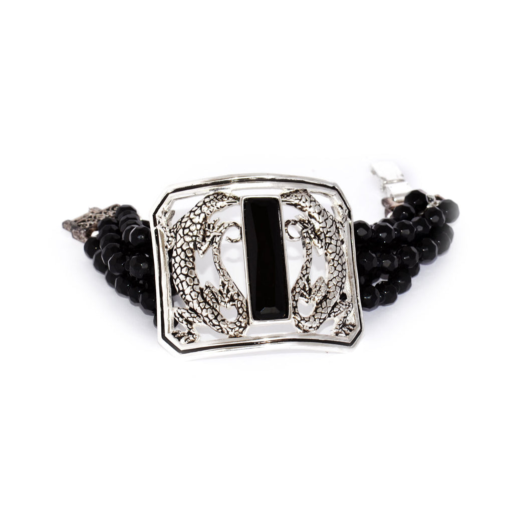 Silver Lizard-Black Glass Bracelet