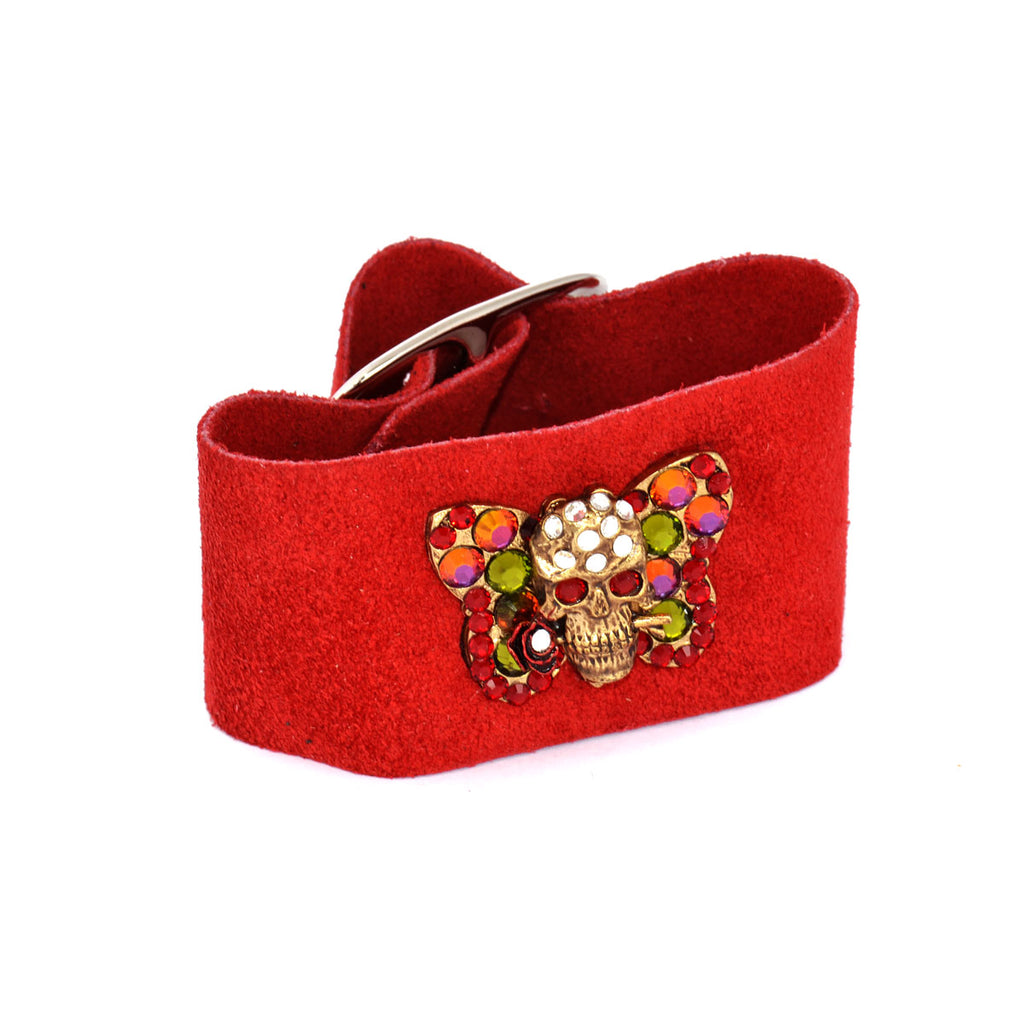 Red Suede Jeweled Skull & Butterfly Cuff