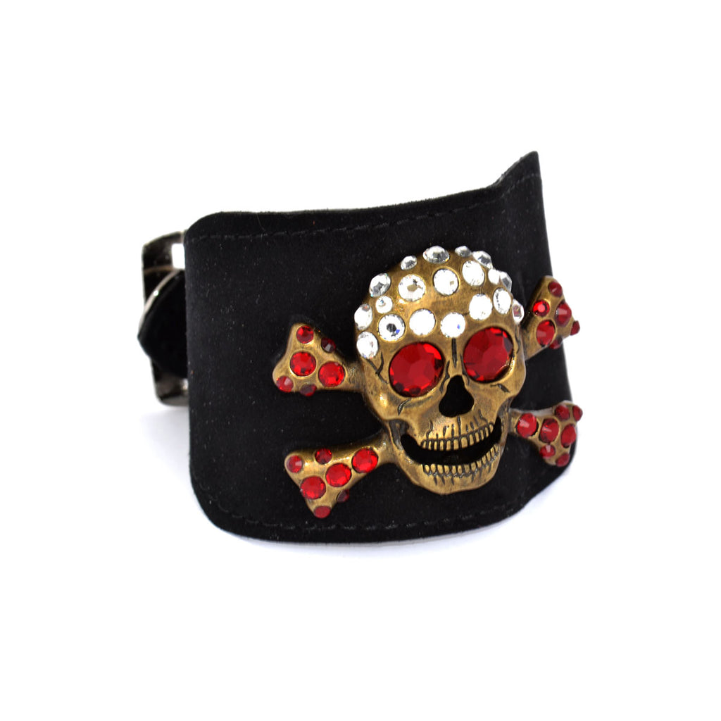 Black Suede Golden Skull & Crystal Cuff