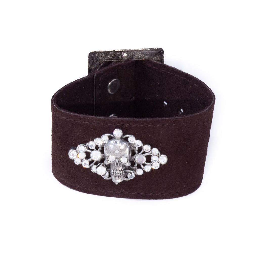 Black Suede Silver Skull Cuff