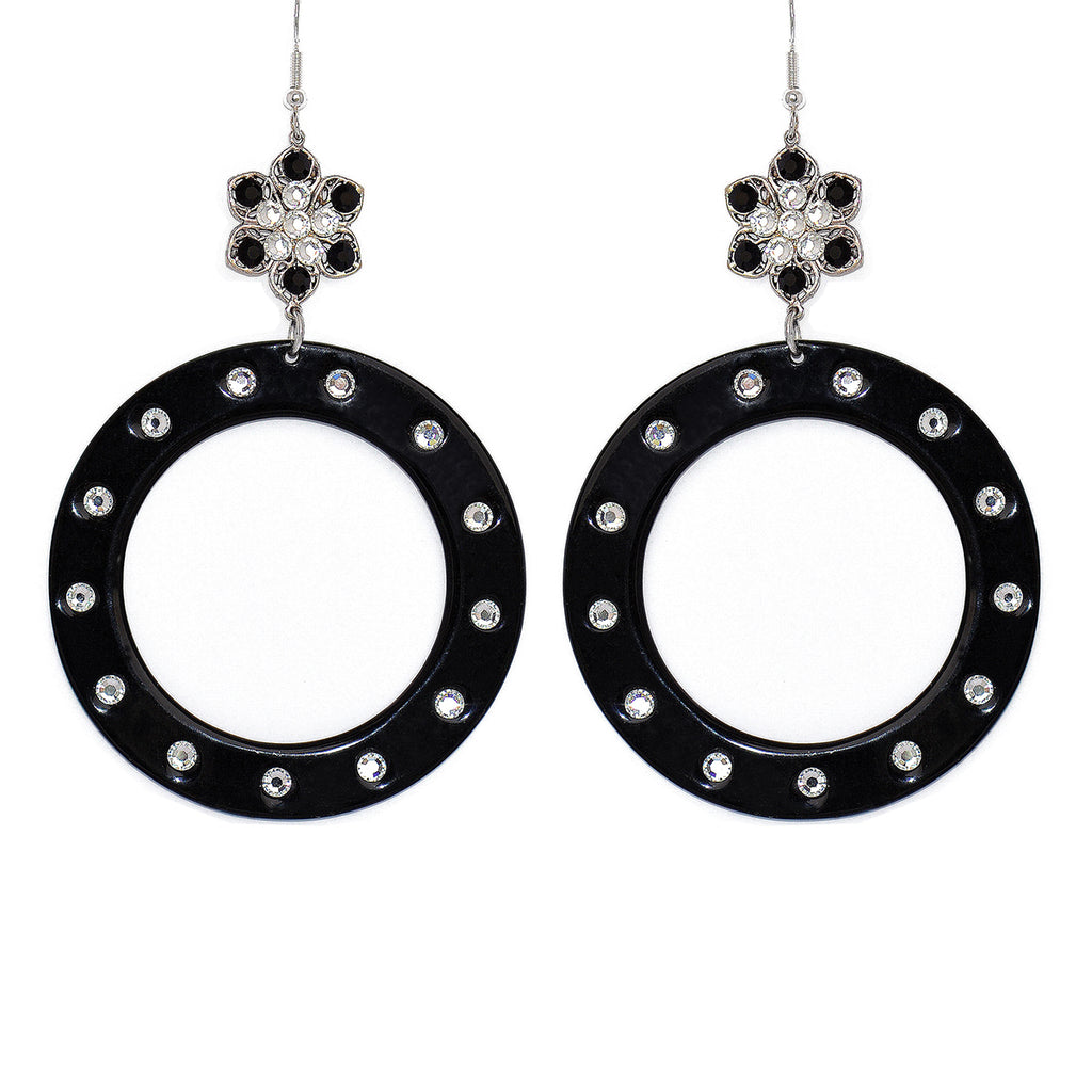 Black Acrylic and Crystal Hoop Earrings