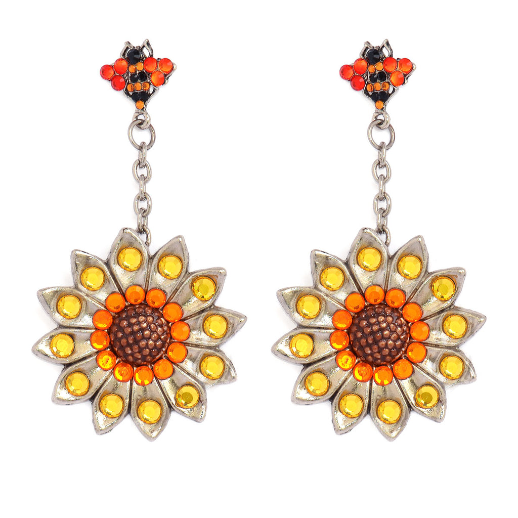 Sunflower & Bee Drop Crystal Earrings