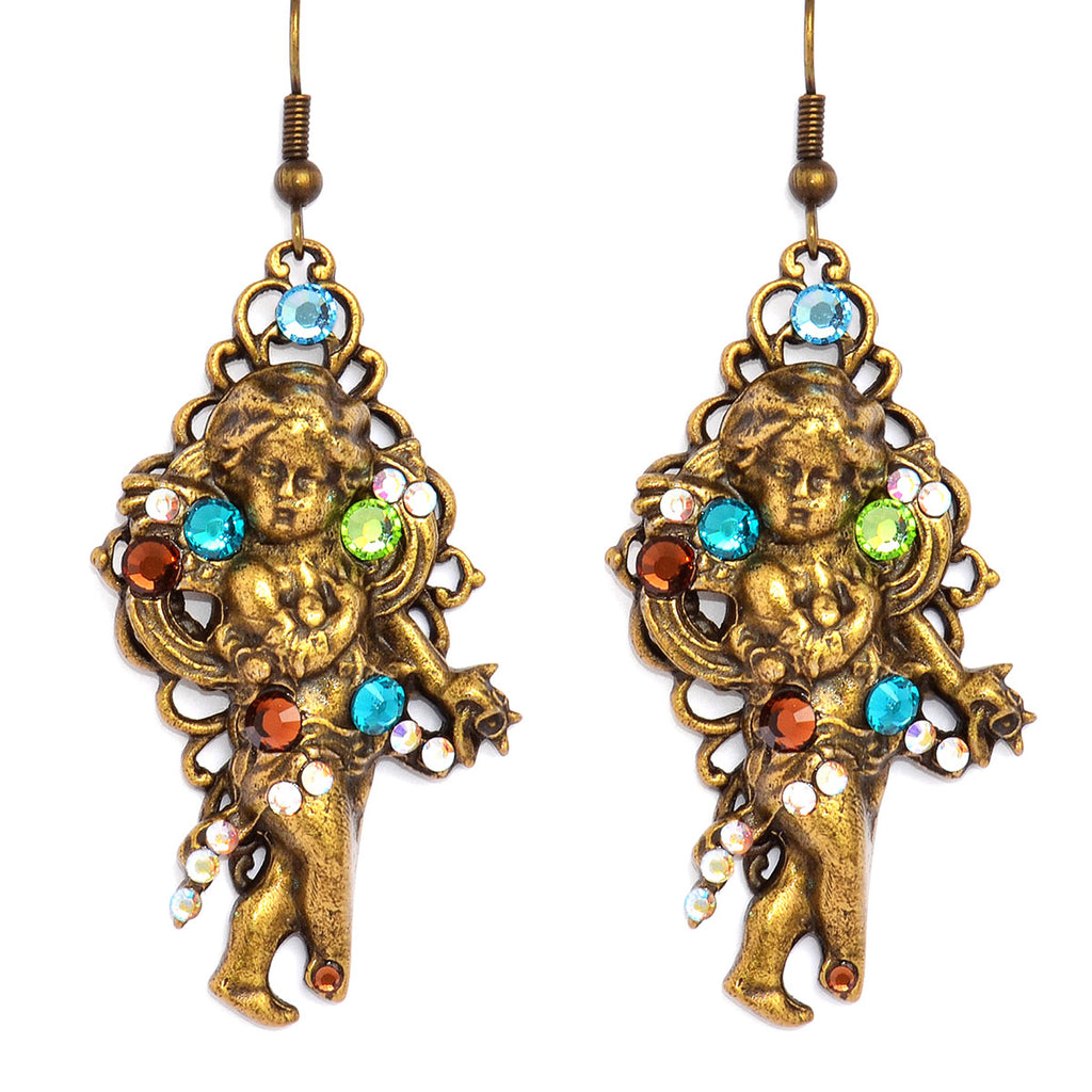 Cherub Drop Bronze & Crystal Earrings