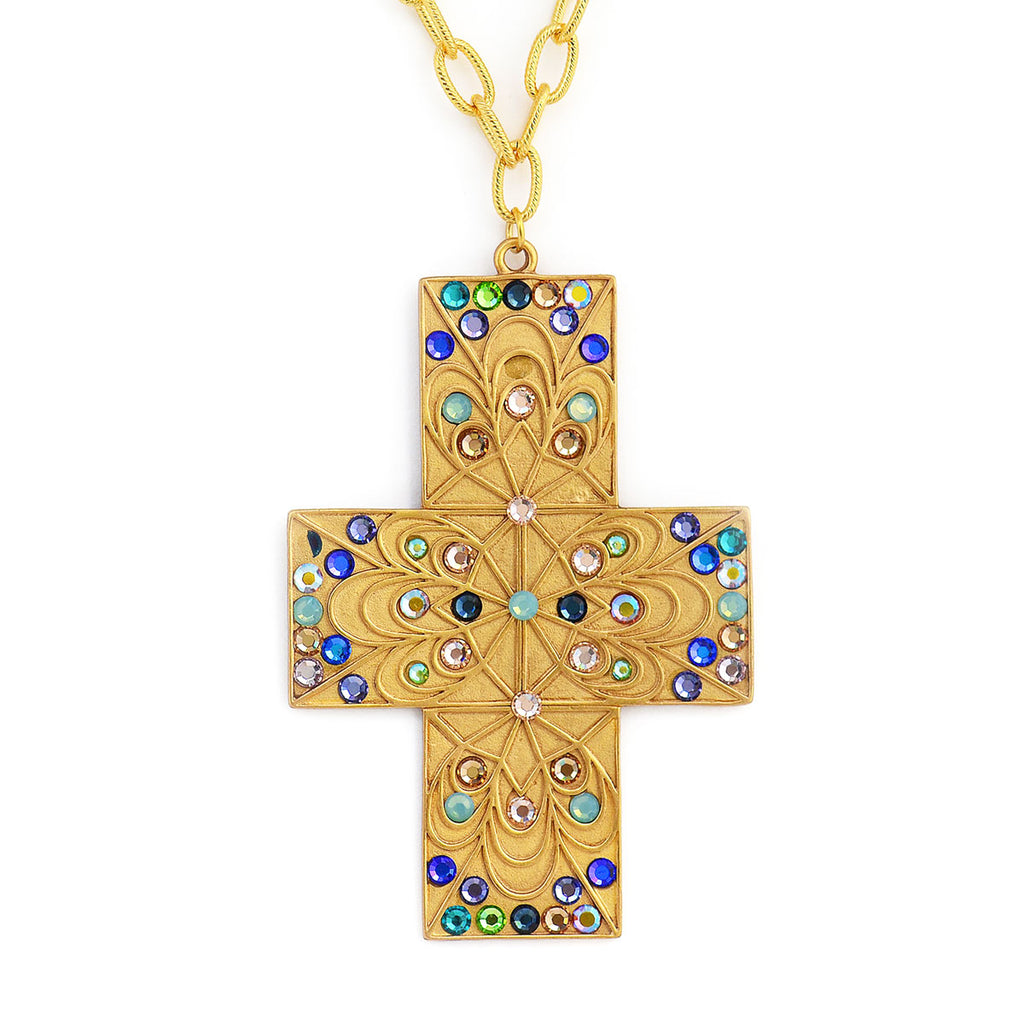 Ornate Gold & Crystal Cross Necklace