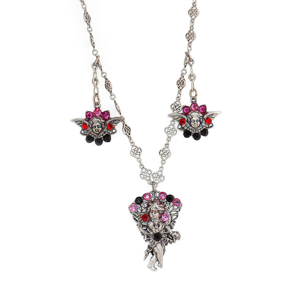 Crystal & Silver Cherub Charm Necklace