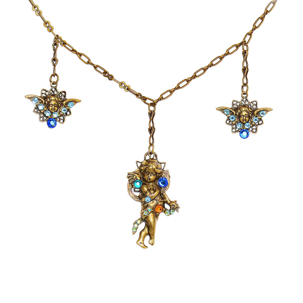 Crystal & Gold Cherub Charm Necklace