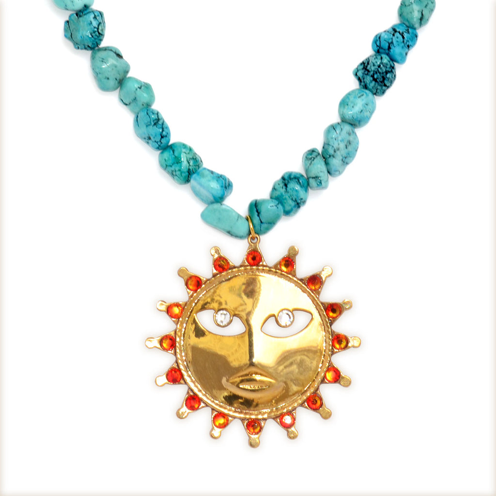 Crystal Sun Pendant and Turquoise Nugget Necklace